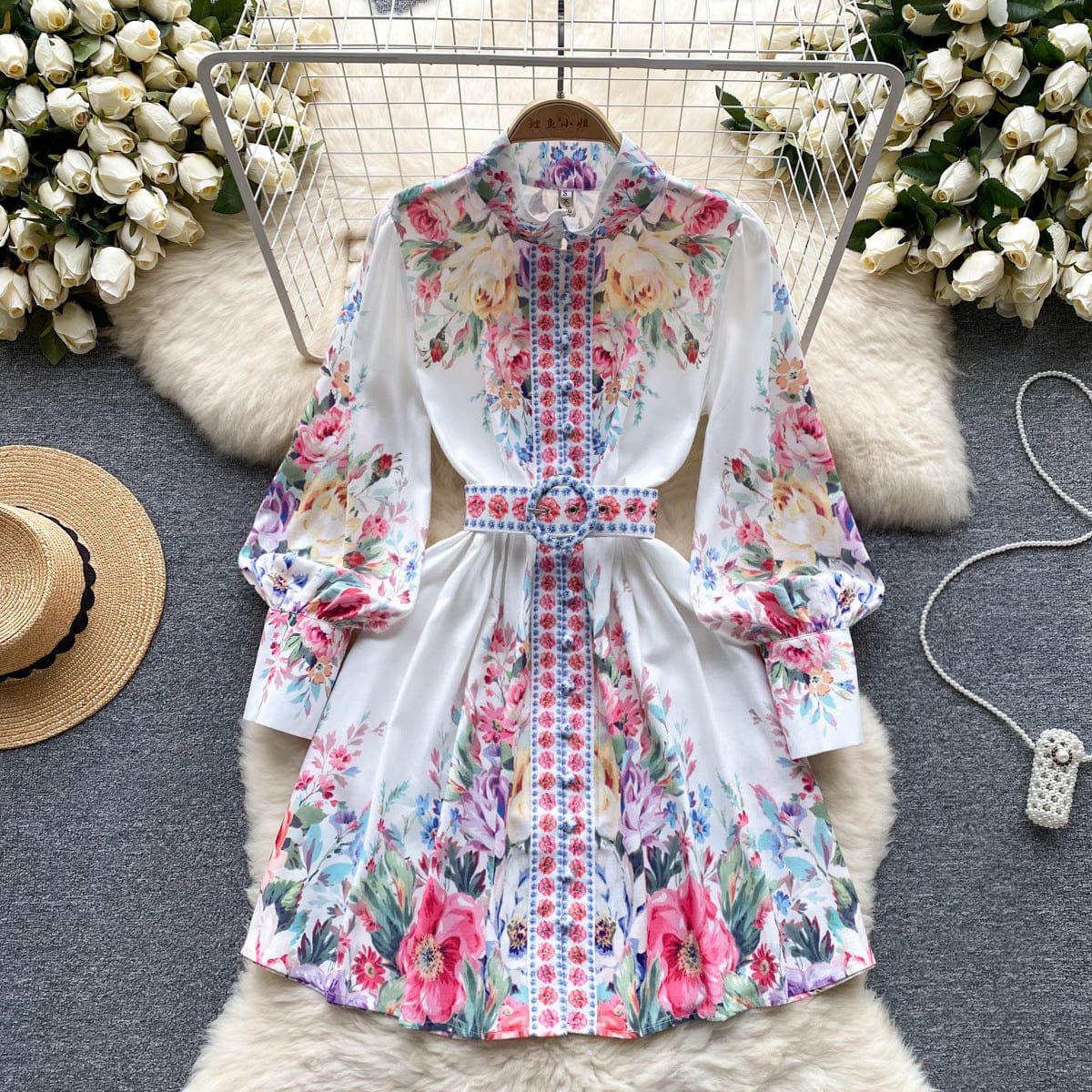 M / White New Style Retro European And American Lantern Sleeves Stand Neck Dress For Women