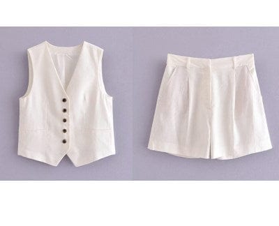 M / White New Women'S V-Neck Single-Breasted Sleeveless Vest Top Pleated Casual Shorts Set