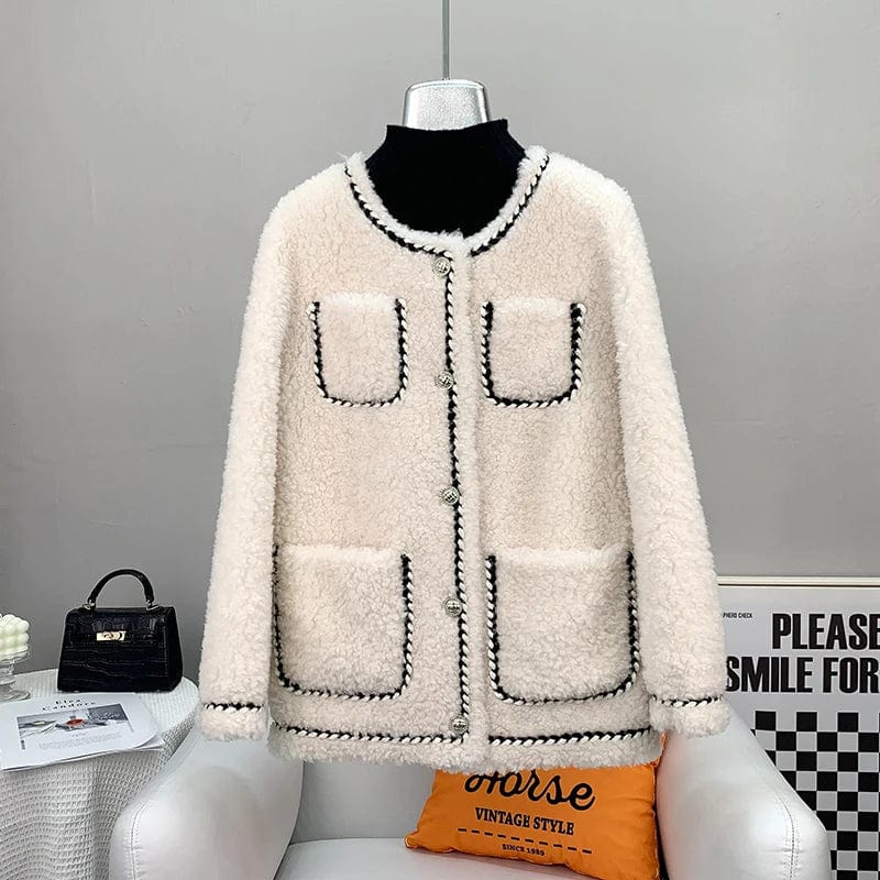 M / White Office Lady Lamb Fur Warm Coat Female Girl Sheep Shearling Youth Jacket Winter Parka Overcoat JT3265