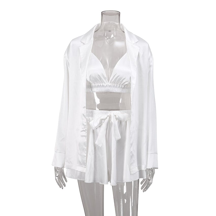 M / White OOTN Sexy Shorts Pijama Robes Women Pajama Sets Nightgowns Woman 3 Pieces Ruched Robe Women's Pajamas Champagne Bathrobes Set