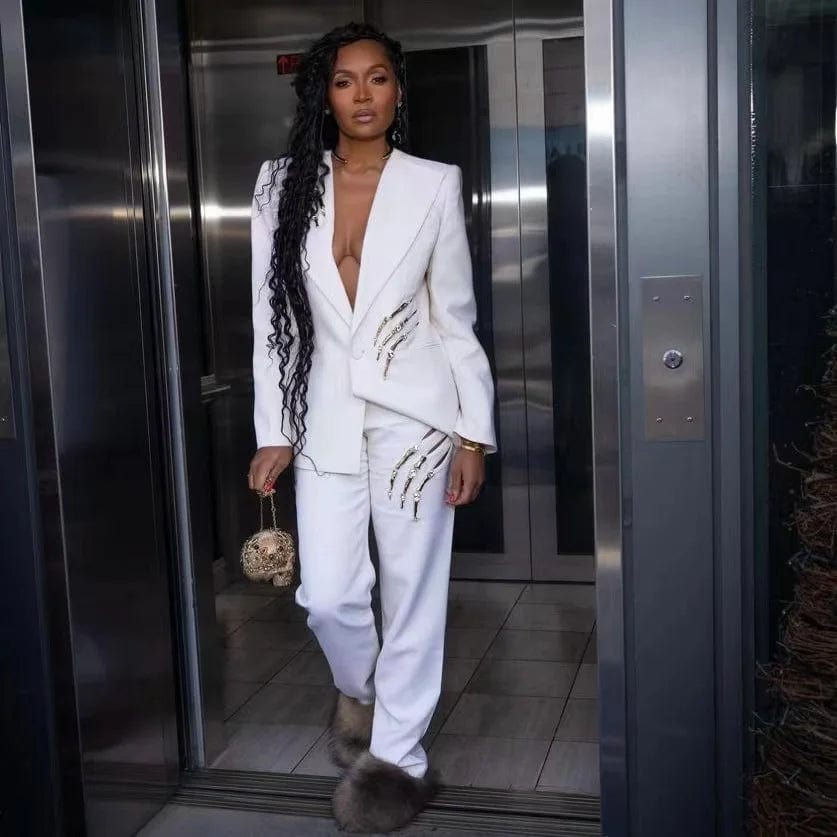 M / White OUDINA Fashion Suits And Tuxedo For Women Diamond Wide Leg Pants Sweatpants Suit Blazer Jacket Two Piece Pants Sets Women's Suit