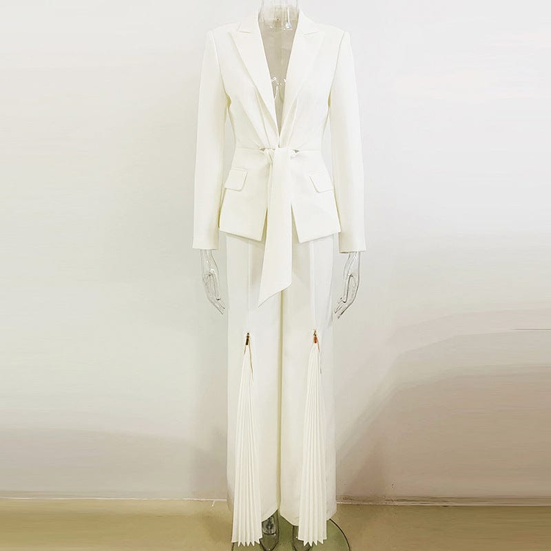 M / White OUDINA Hotselling Wholesale Pleated Zipper Trousers Tie-up Suit Tuxedo Blazers Two Piece Sets Women's Suits Blazer