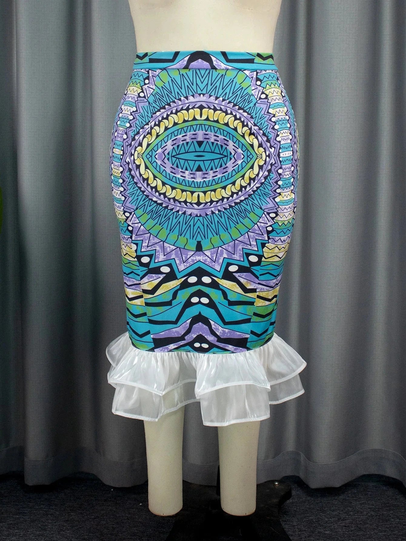 M / White Print Tulle Ruffles Classy Patchwork Package Hip Female Autumn Skirts