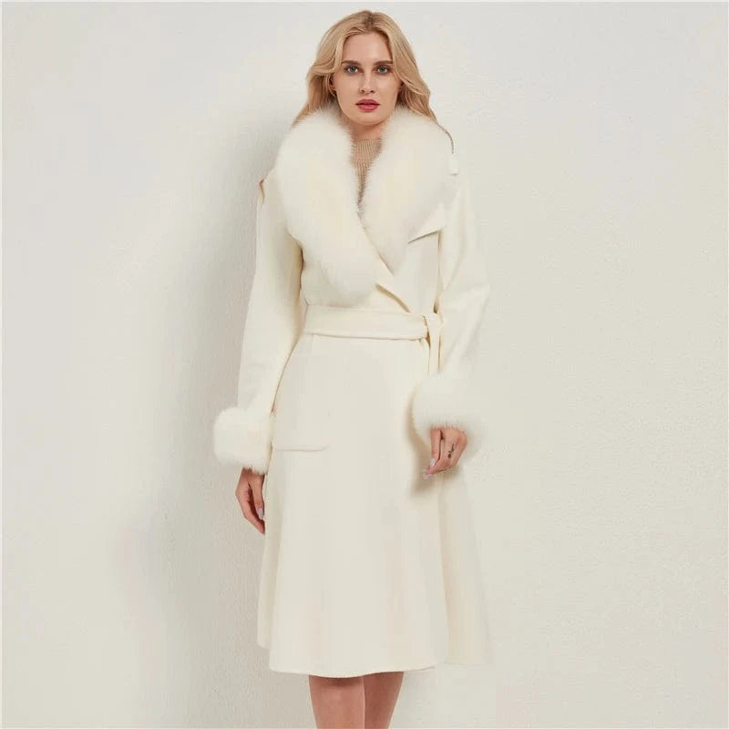 M / White Pudi women real fox fur coat jacket female lady wool blends coats jackets long trench with fox collar cuff CT032