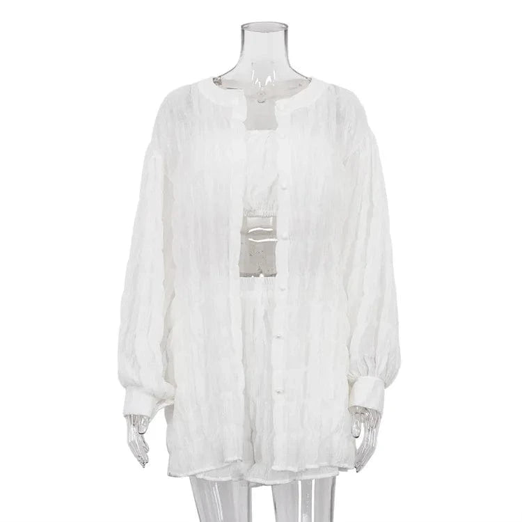 M / White RedPeony Tube Top High Waist Shorts Three Piece Set For Women Loose Lantern Sleeve Shirt 2024 Summer Long Sleeve Shirt Suit