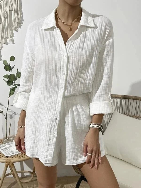 M / White S-XL Spring/Summer Fashion Solid Color Long sleeved Shirt Set Women's casual loose shorts two-piece set