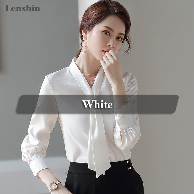 M / White Shiny Fabric Shirts for Women V-neck Blouse with Bow Work Wear Office Lady Female Tops Chemise Loose style