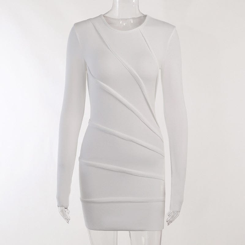 M / White Spring 2023 New Round Neck Long Sleeve Solid Color Patchwork Hip Skirt Sexy Slim Design Sense Women's Dress