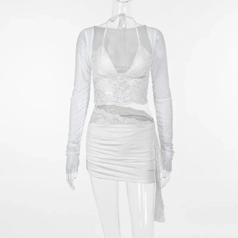 M / White Spring 2024 Fashionable Deep V Neck Two Pieces Set Sexy Dress Slim Lace Mesh Crop Top And Mini Skirt