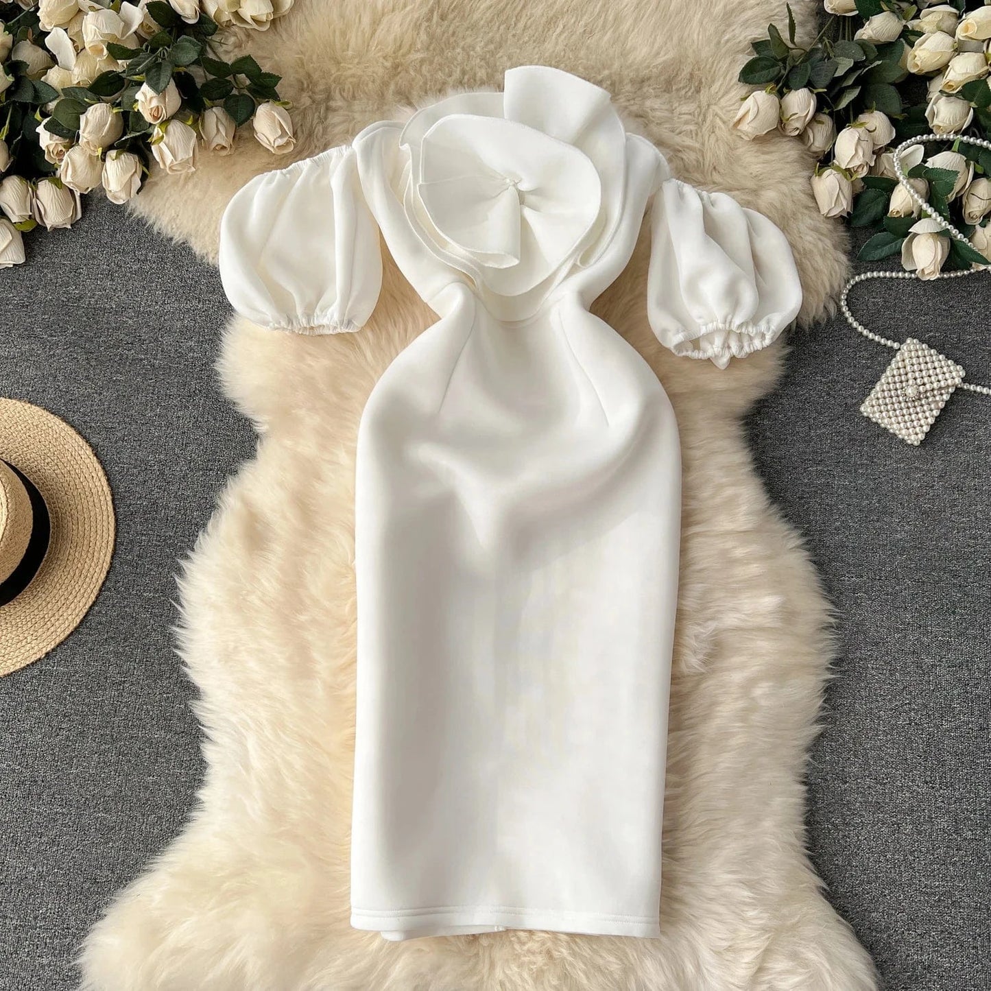 M / White Summer Celebrity Dress Slim Light Luxury Banquet Ruffle Bag Buttock Dress