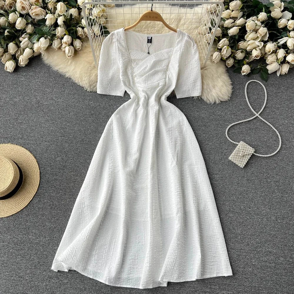 M / White Vintage Audrey Hepburn Dress Women Ball Gown With Lining Midi Dress Square Collar Slim Waist Side Zipper Puff Sleeve