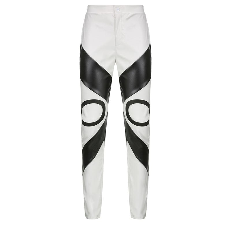 M / White Women Boutique Clothes Women's Winter Leather Color Contrast 2023 PU Pants Women's Trousers&pants for Y2K Clothing