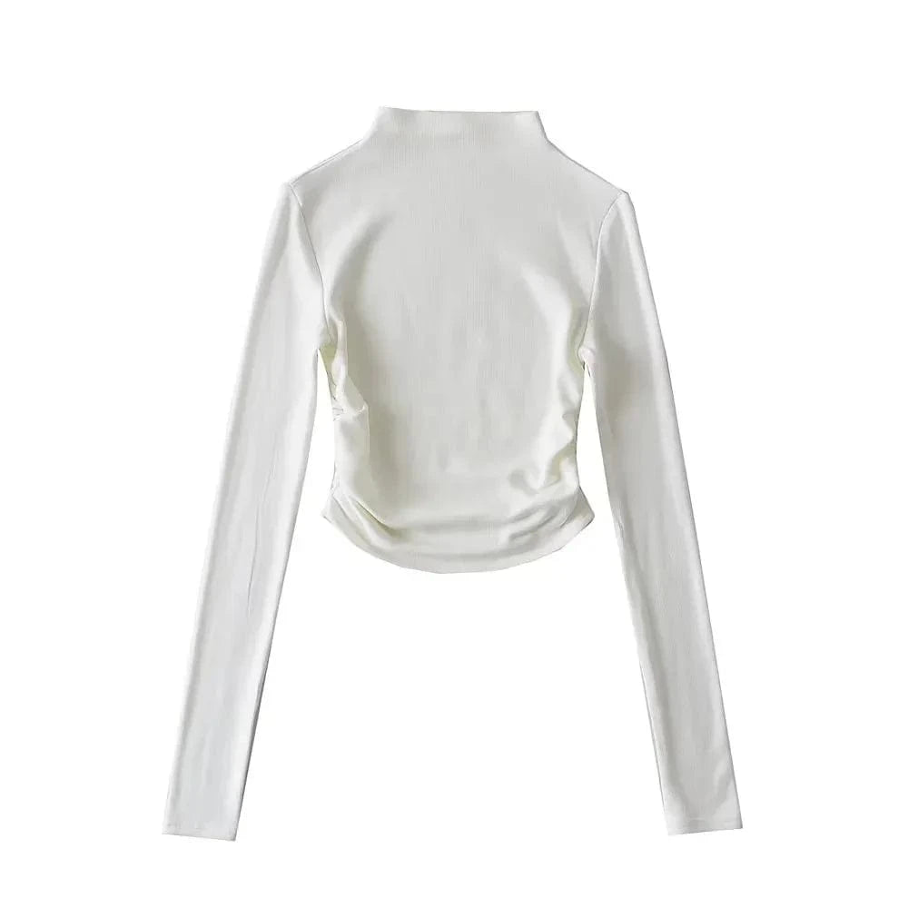 M / White Women Long Sleeve Basic Candy Color Turtleneck Crop Top with Elastic Side Stack High Stretch Cotton Mock Neck Tops