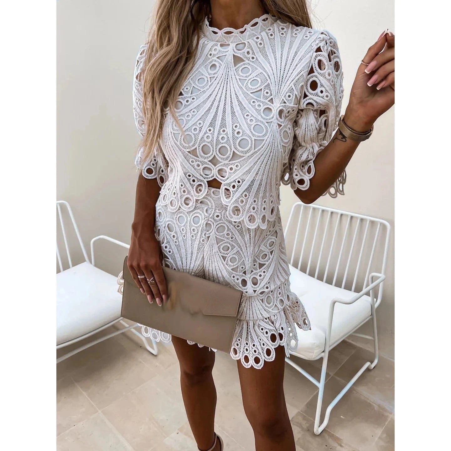 M / White Women's Sexy Lace Hollow Out Crop Top and Ruffles Shorts Set Female Solid Slim Short Sleeve Blouse