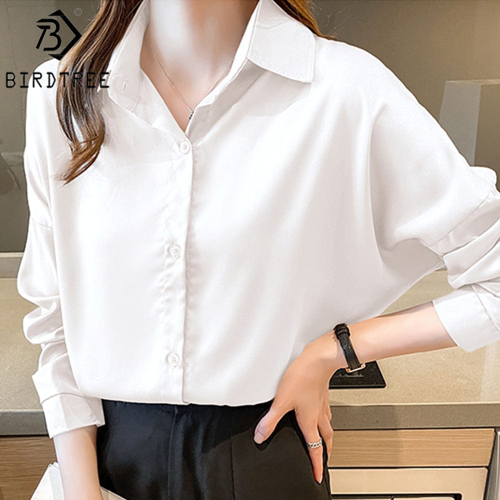 M / White Women Satin Shirt New Arrival Spring Autumn Korean Style Long Sleeves Female Blouses Tops Dropshipping Support T27609X