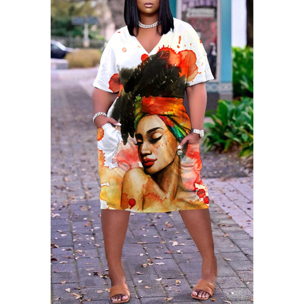 M / White Z87685 Plus size summer dress short Sleeves Street Print womens casual dresses