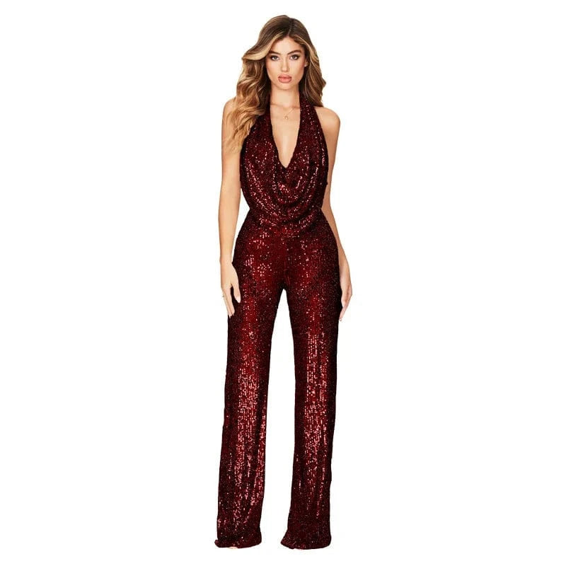 M / Wine Red 2024 Fashion Women Casual Hot Sale Sleeveless Neck Hanging Long Straight Pants One Piece Solid Color Casual Sequin Jumpsuit