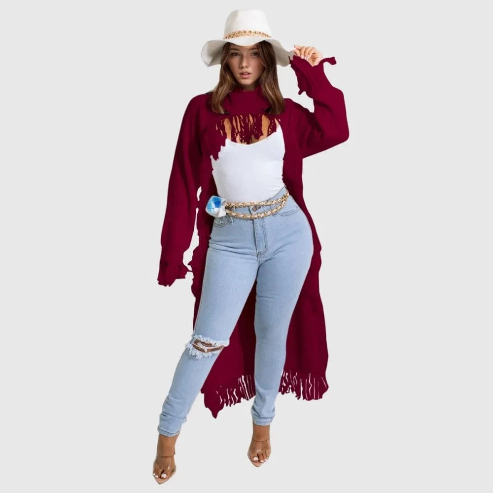 M / Wine red D1211TA07 Solid Color Long Sleeve Casual Hollow Out  Tassel Turtleneck Long Sweater Sehe Fashion