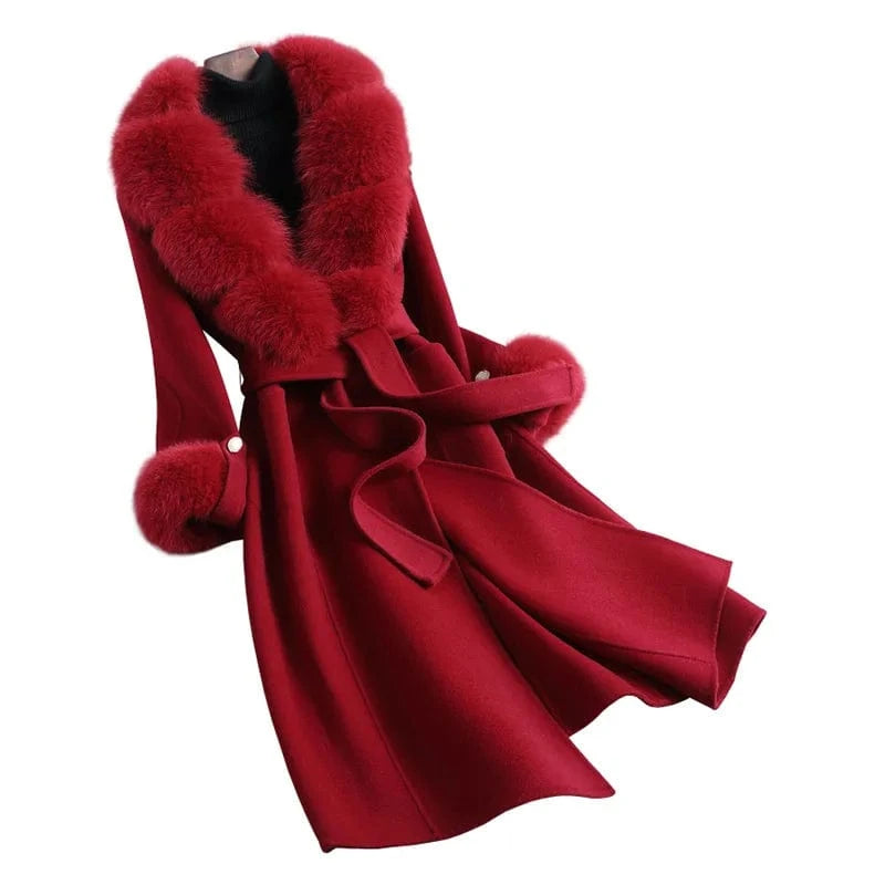M / Wine Red Winter Warm Solid Color Woolen Trench Coat Long Women Red Cashmere Wool Coat with Fox Fur Collar