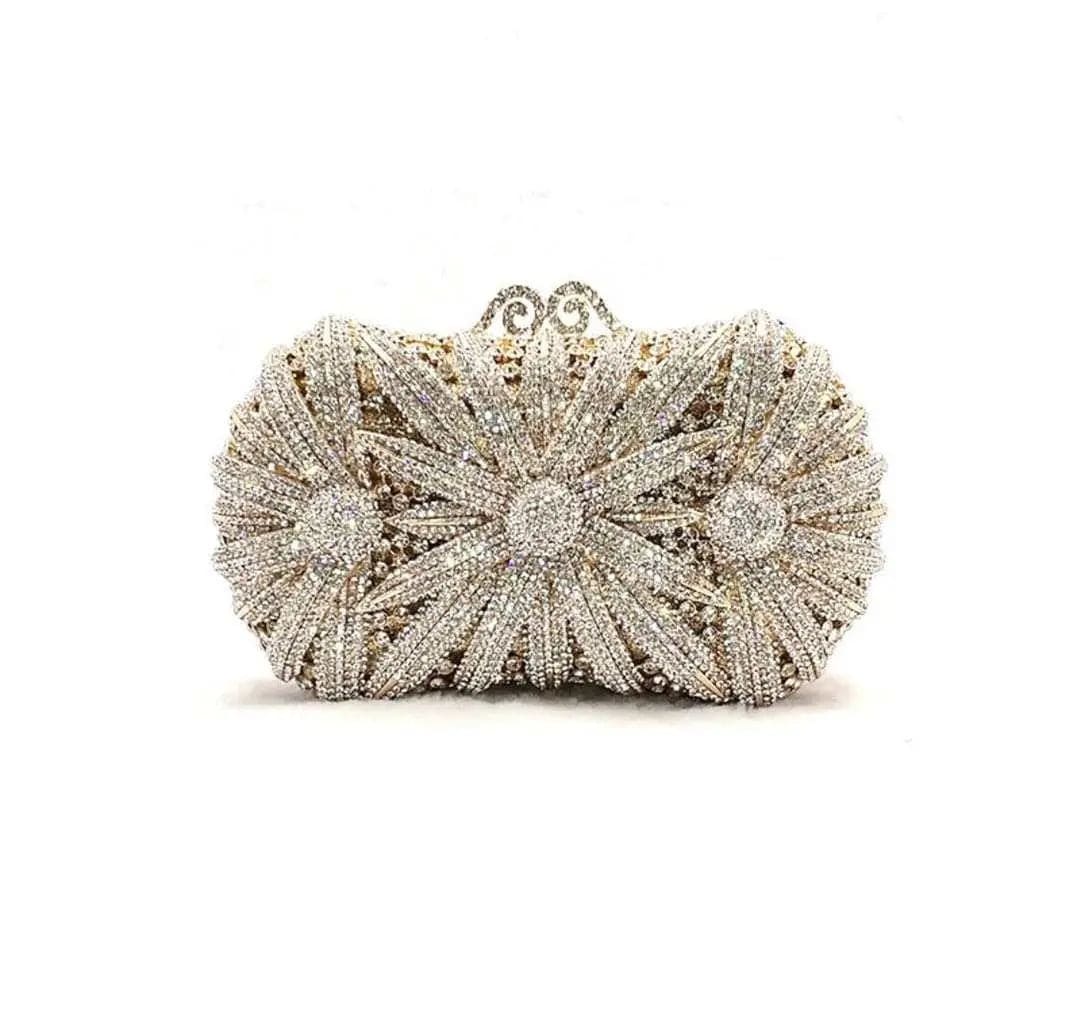 M / Winter White Wholesales Luxury Expensive Sparkle Crystal Rhinestone Clutch Purse Elegant Flower Evening Bridal Dinner Bag Wedding Party Bag