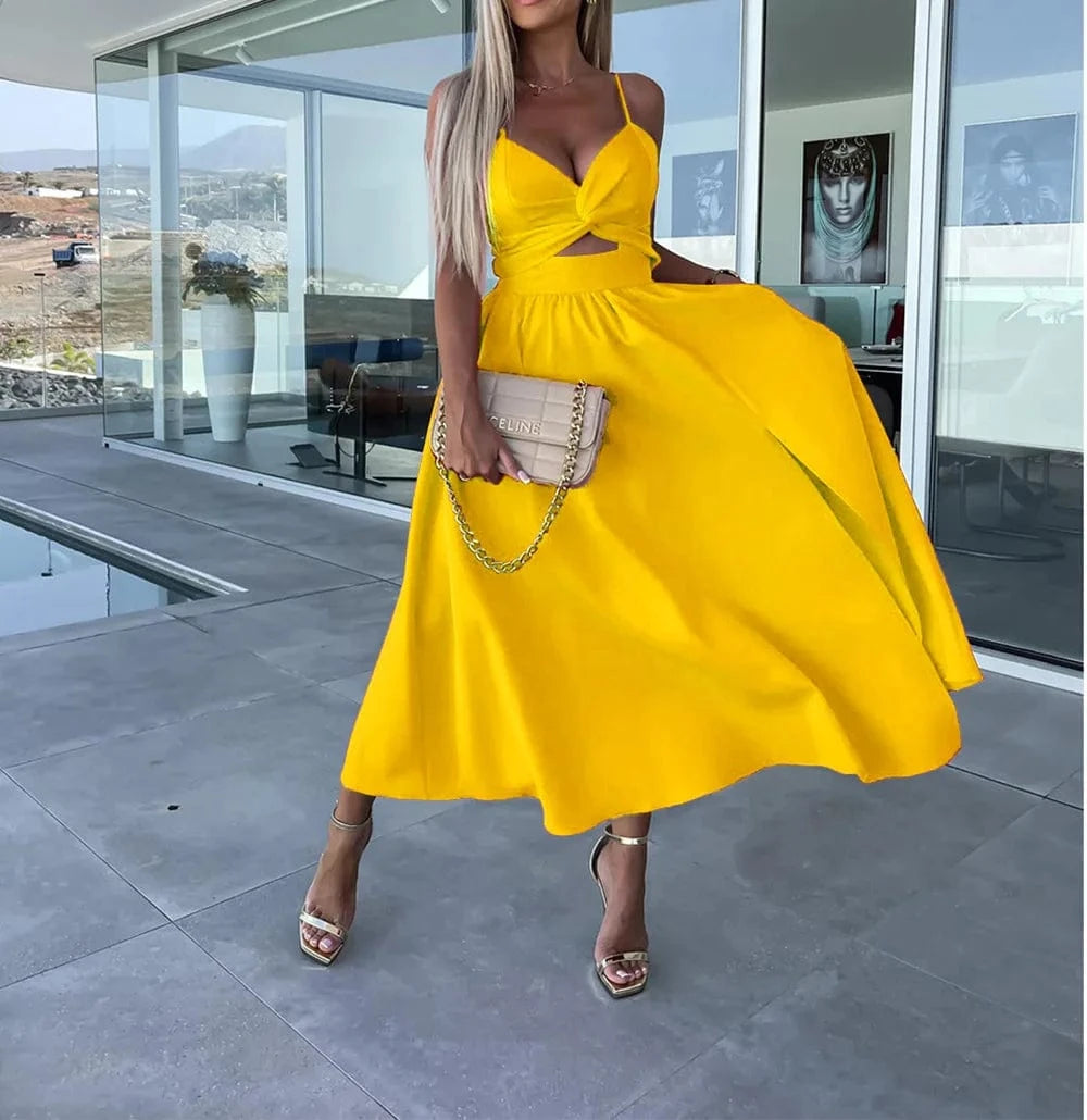 M / Yellow 2024 Hot Sale Elegant Dress New Women's Suspender V-neck Large Swing Dress Close-fitting Backless Mid-length Dress