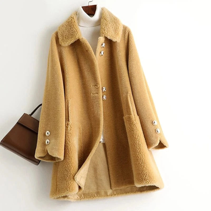 M / Yellow A50035 Pudi women real wool fur coat jacket trench winter warm female sheep shearing over size parkar coats