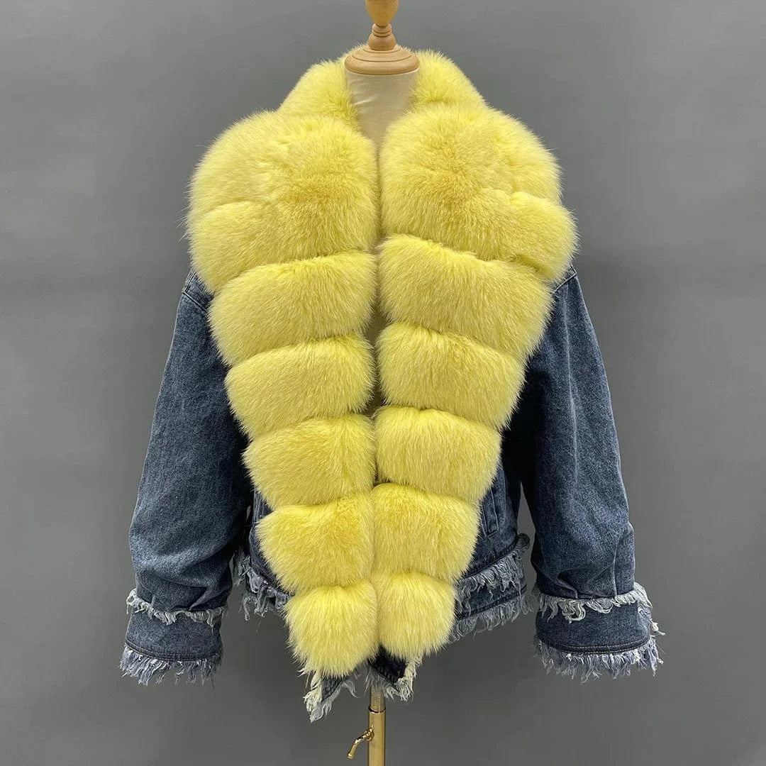 M / Yellow-blue shell Manufacture Fashion Casual Thick High Quality Goose Down Jacket Collar Fur