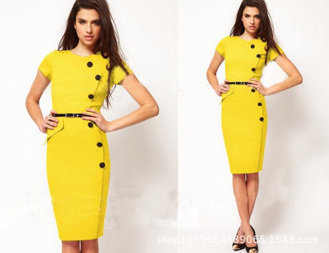 M / Yellow Custom Fashion Women's Formal Elegant Dress With A-line Button Official Pencil Dress Summer Slim Dress Solid Women Fall Kleid