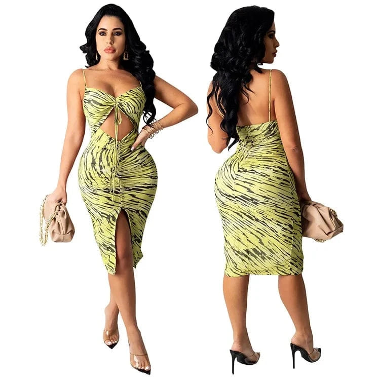 M / Yellow Elegant Backless Slit Women Dresses Sexy Club String Cut Out Ladies Bodycon Open Cup Summer Sun Dress