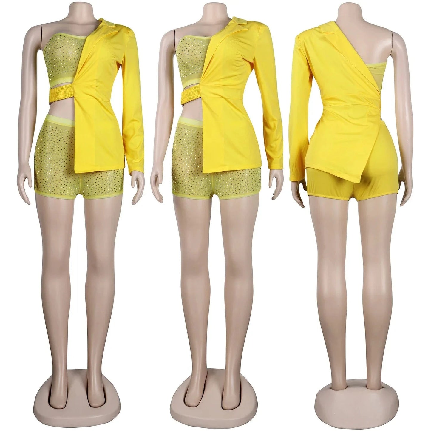 M / Yellow Fashion Women 3 Piece Set Shiny Rhinestone Tube Top + Mesh Shorts + Half Solid Color Jacket Sexy Lady Club Wear