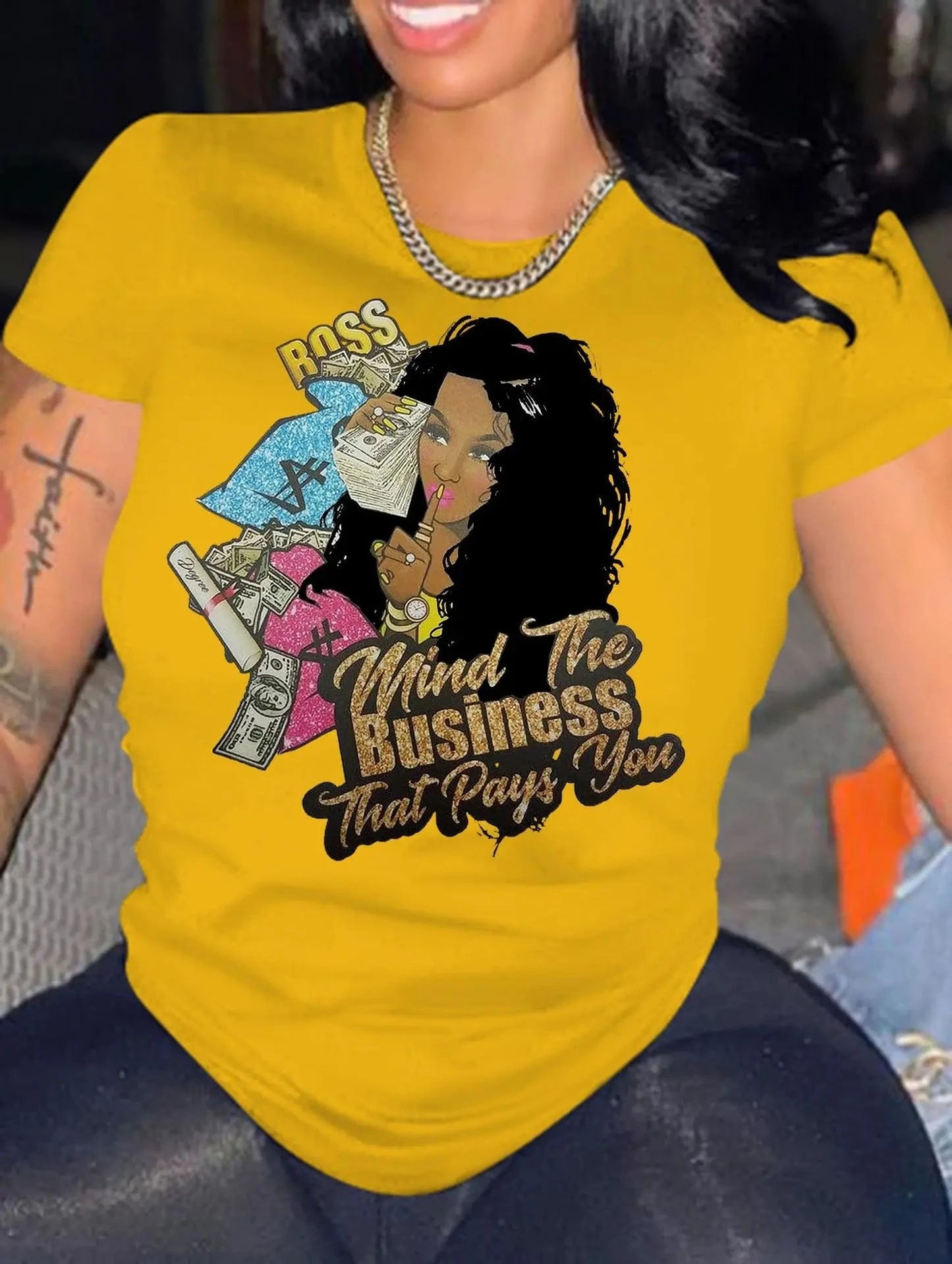 M / Yellow(girl printed) Summer 100%cotton Short Sleeve Printed T shirt Girl Graphic Letters Print Women Tops