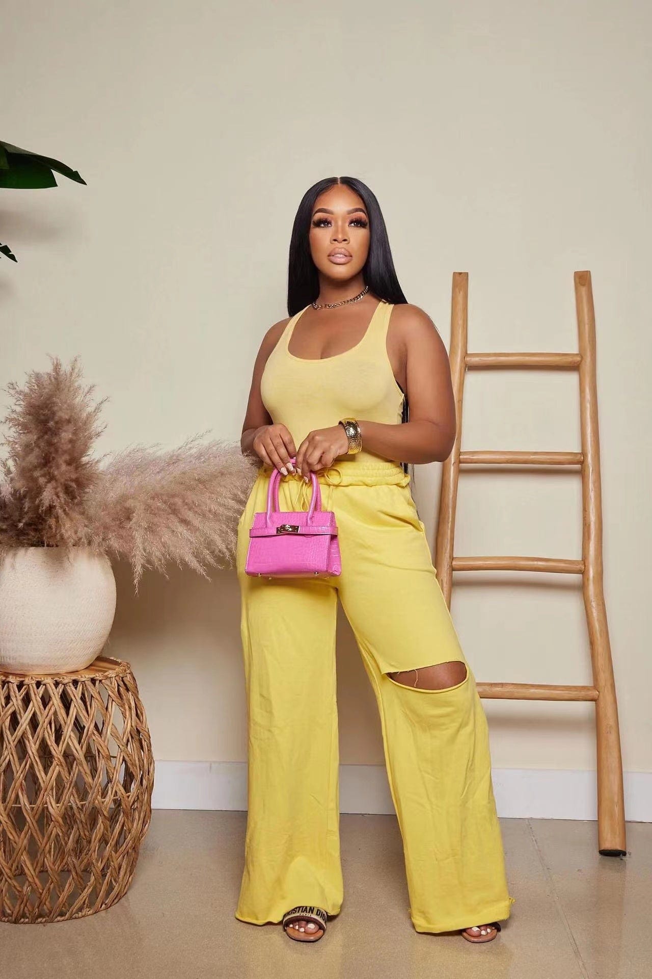 M / Yellow J&H 2023 new arrivals tank top and wide leg pants 2 piece set ladies plain outfits slim fit casual wear