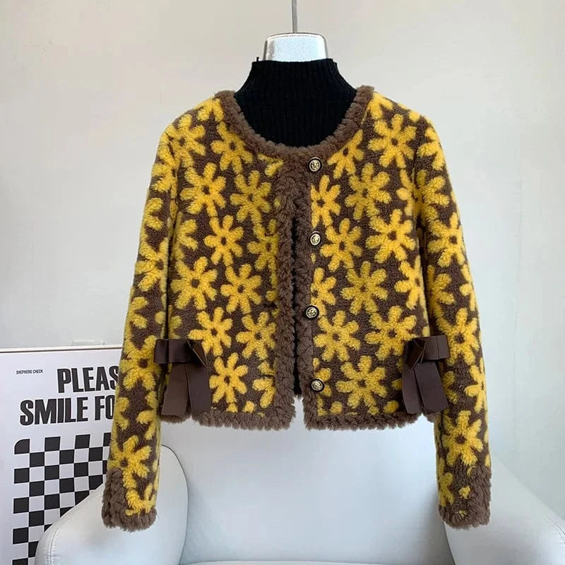 M / Yellow Lady Girl Lamb Wool Fur Warm Short Coats Female Sheep Shearling Floral Pattern Winter Jacket Overcoat JT3274