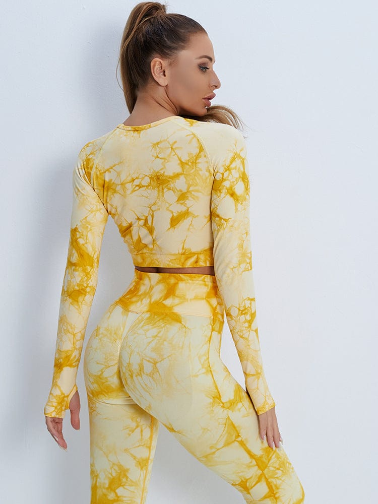 M / Yellow New seamless Yoga suit long suit tie dyed high waist hip lifting Yoga Pants women's long sleeved top sportswear  New seamless Yo