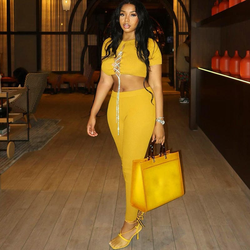 M / Yellow New solid color cardigan String T-shirt high waist tight trouser set for summer 2022