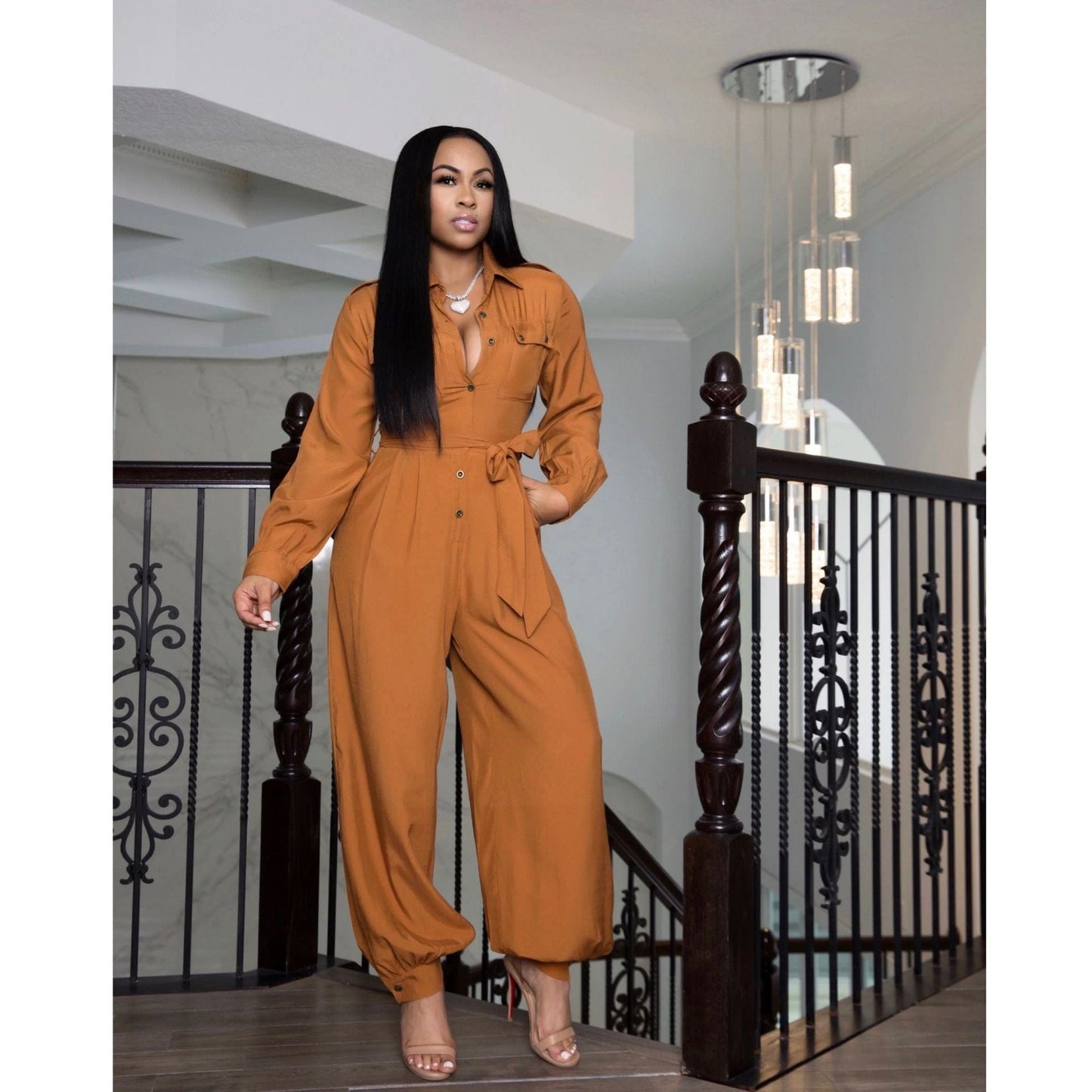 M / Yellow OCS  Fall 2022 Women Clothes Loose Tie High Waisted Jumpsuit Long Sleeve Olive Green Jumpsuit For Women With Buttons