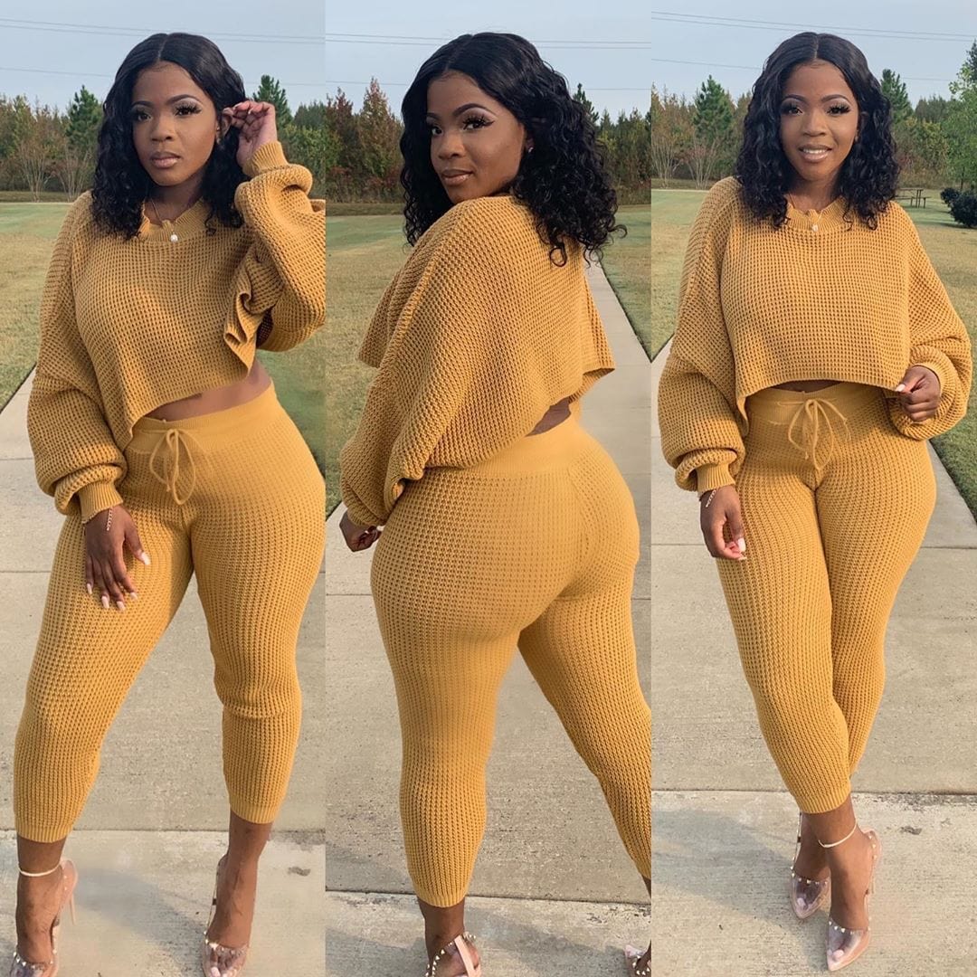 M / Yellow Q5219 fashion 2023 spring new arrivals solid crop top long sleeve shirt matching legging pants sweat suits two piece set