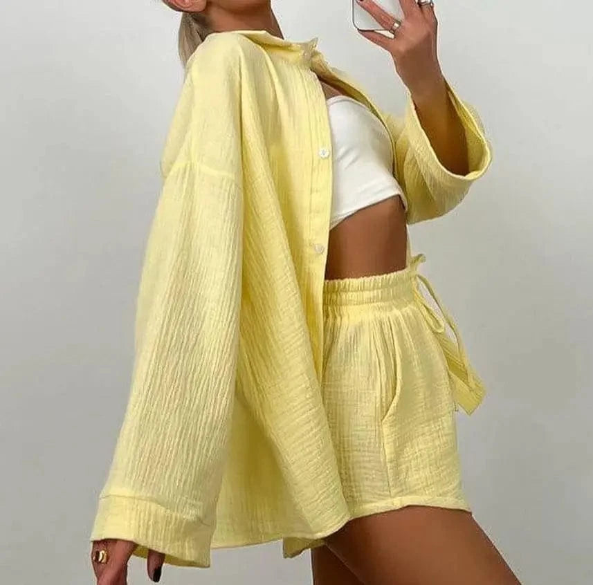 M / Yellow S-XL New Long sleeved Commuter Shirt and Shorts Set Flip collar single breasted shirt with tie up shorts