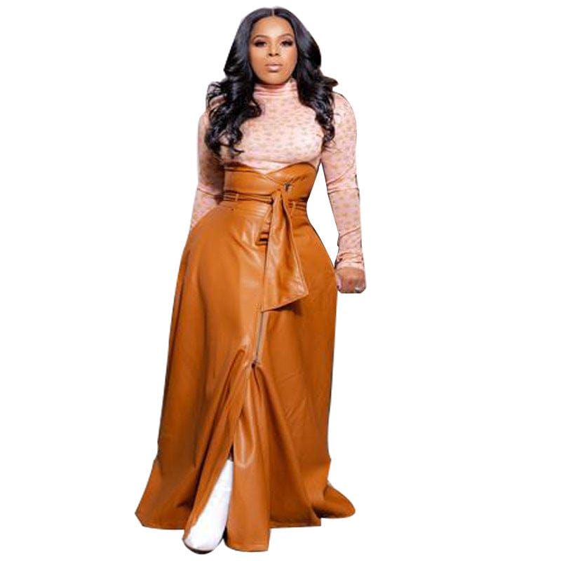 M / Yellow Sharee America Size Clothing Elegant High Waist Pu Leather Skirt Split Long Skirts For Women