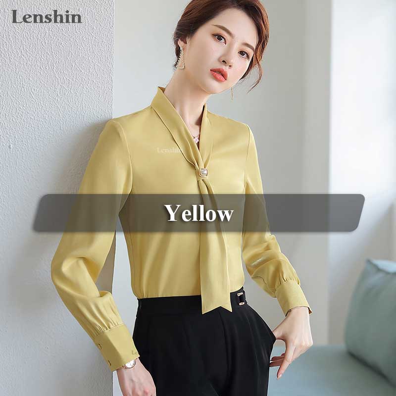 M / Yellow Shiny Fabric Shirts for Women V-neck Blouse with Bow Work Wear Office Lady Female Tops Chemise Loose style
