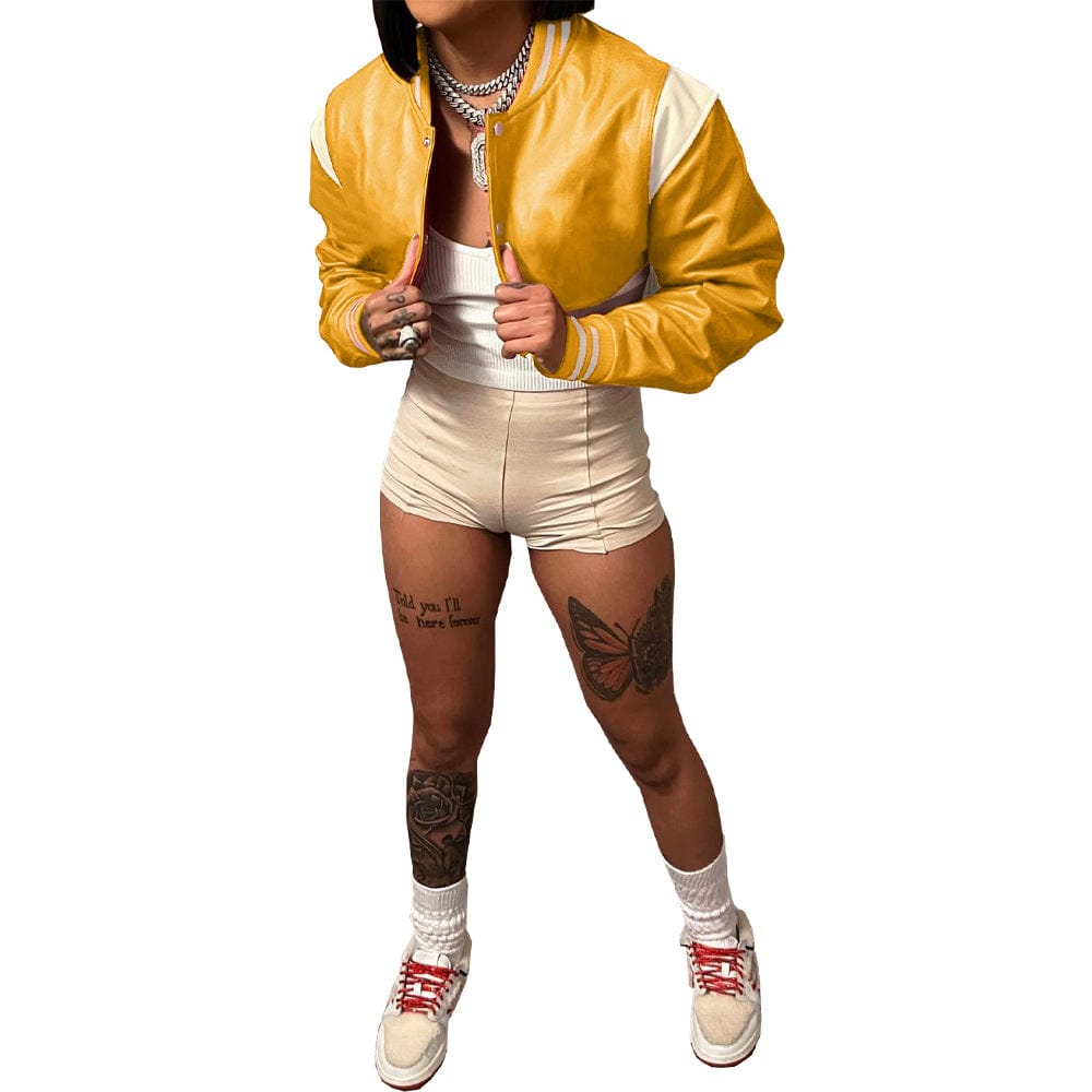 M / Yellow Spring 2023 Women s Clothing PU Leather Cropped Motorcycle Jacket Ladies Faux Leather Crop Women Short Jackets