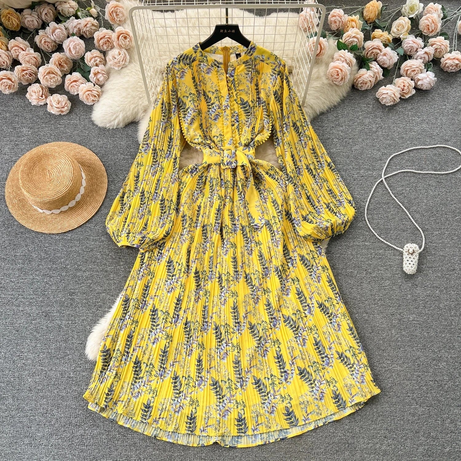 M / Yellow Spring Fairycore O-neck Tunic Midi Dress For Women Lantern Sleeve Empire Floral  Ladies Elegant Dresses