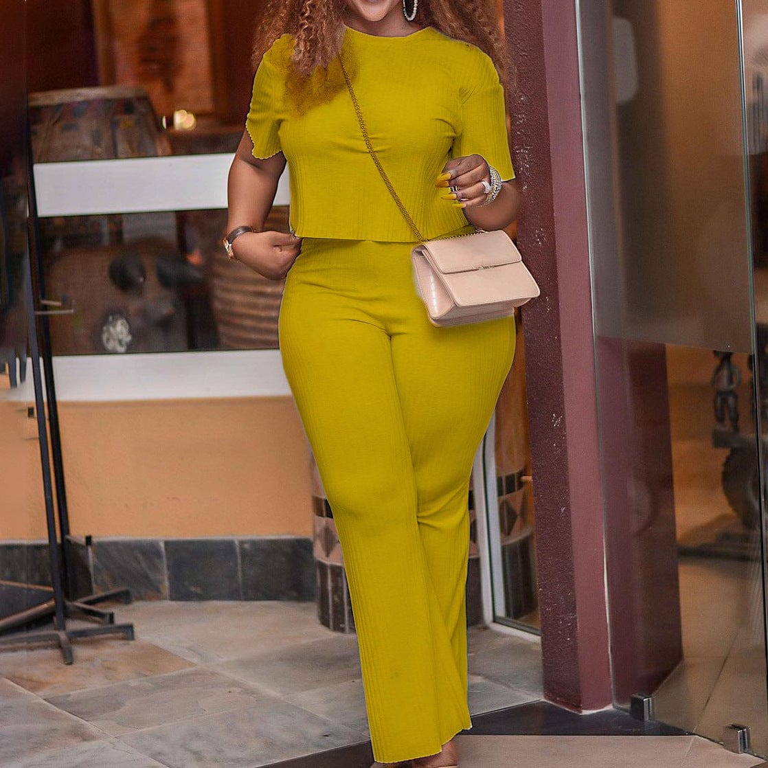 M / Yellow Summer 2022 New Tops Pant Solid Casual Classy Lady Two Piece Sets