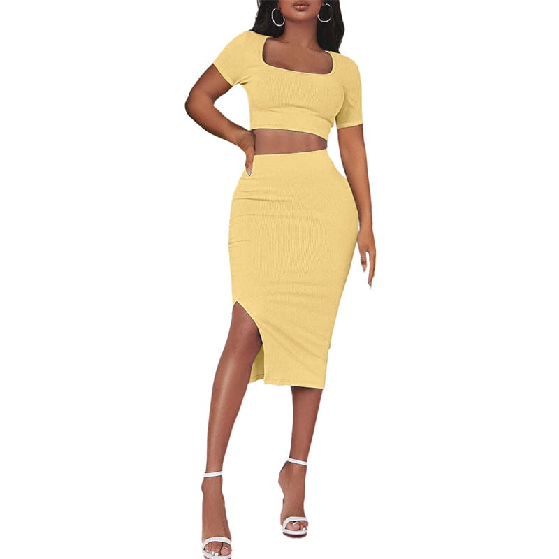 M / Yellow summer 2023 knit Women s Sets plain short sleeve crop top and high slit skirt two 2 piece skirt set crop top with mini skirt