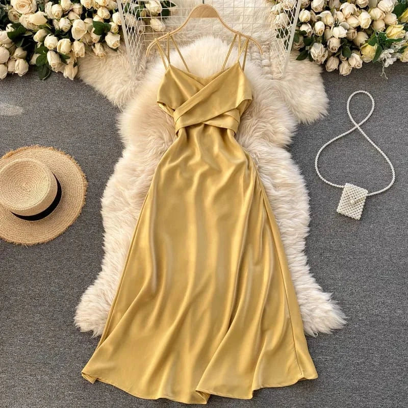 M / Yellow Vacation Premium Cross v Neck Sexy Strapless Evening Dress Slim Long Dresses