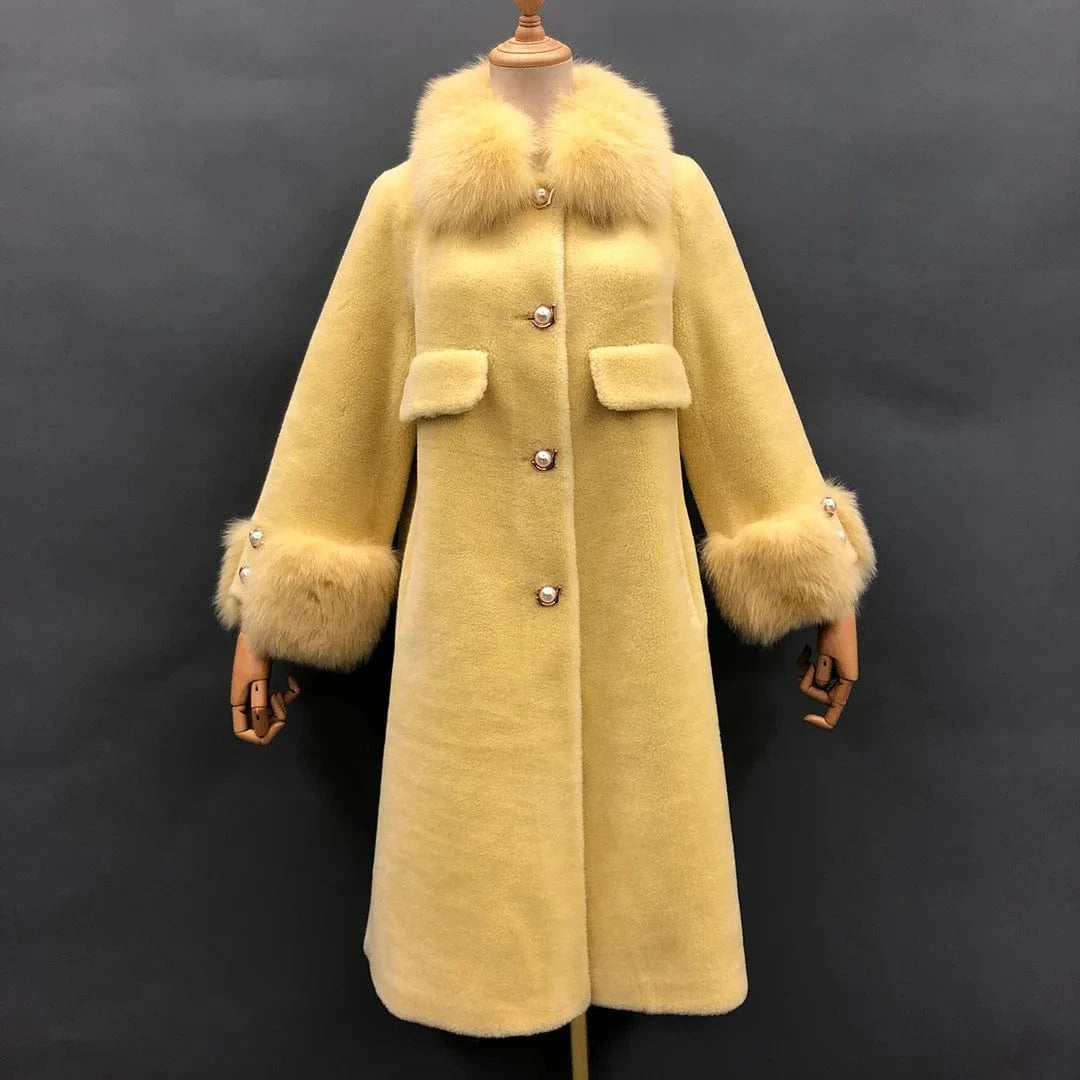 M / Yellow Winter warm genuine fox fur collar and cuff women real sheep shearling coat