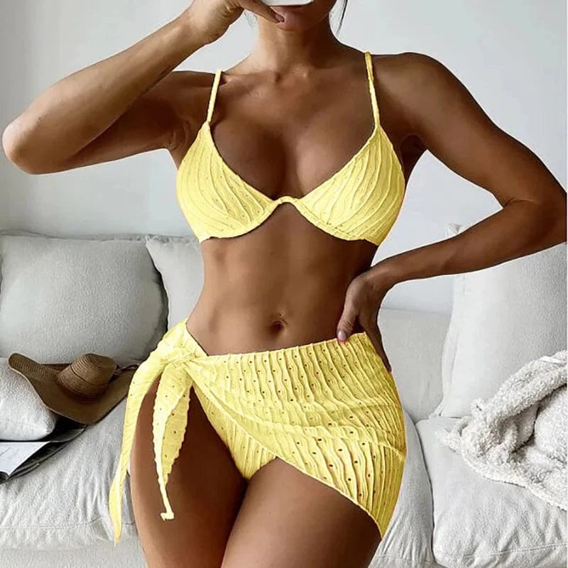 M / Yellow with steel ring 2024 new arrival luxury woman's trend beach wear bathing suit swimwear high waist mini halter bikini thong 3 piece set swimsuit