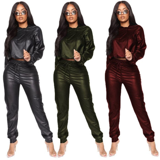 M2502-spring sets women 2023 pu leather set women clothing solid color casual outfits