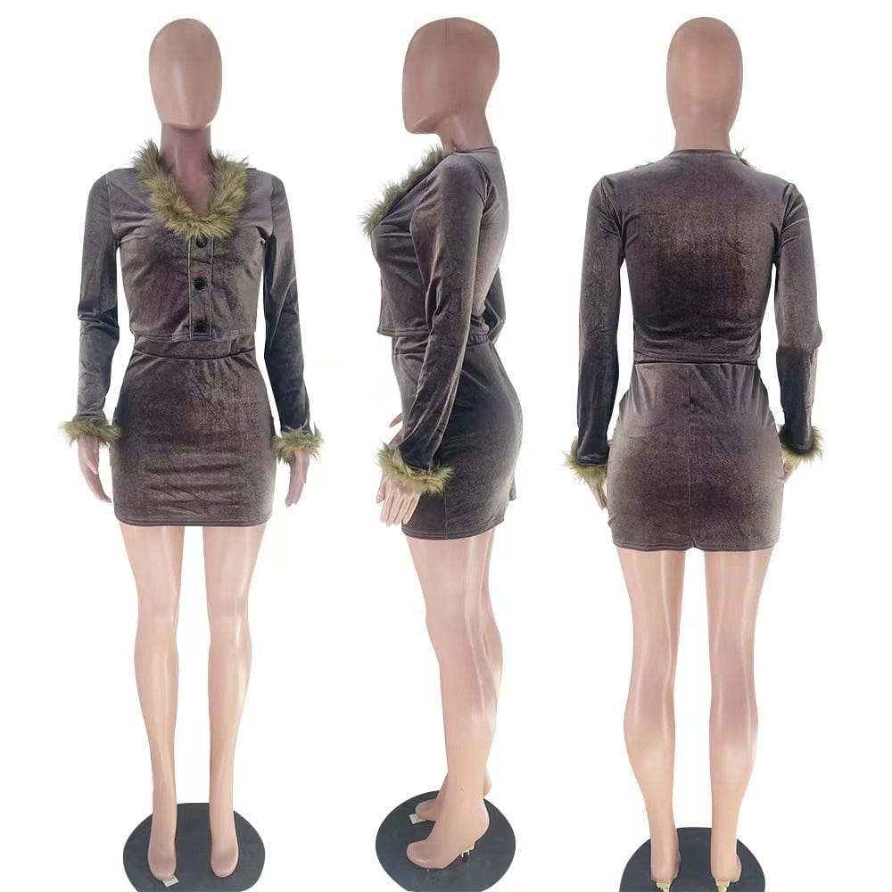M8915 Winter Vintage Velvet Women Faux Collar Long Sleeve Tops And Bodycon Mini Skirt Suit Sexy Party Two 2 Piece Set