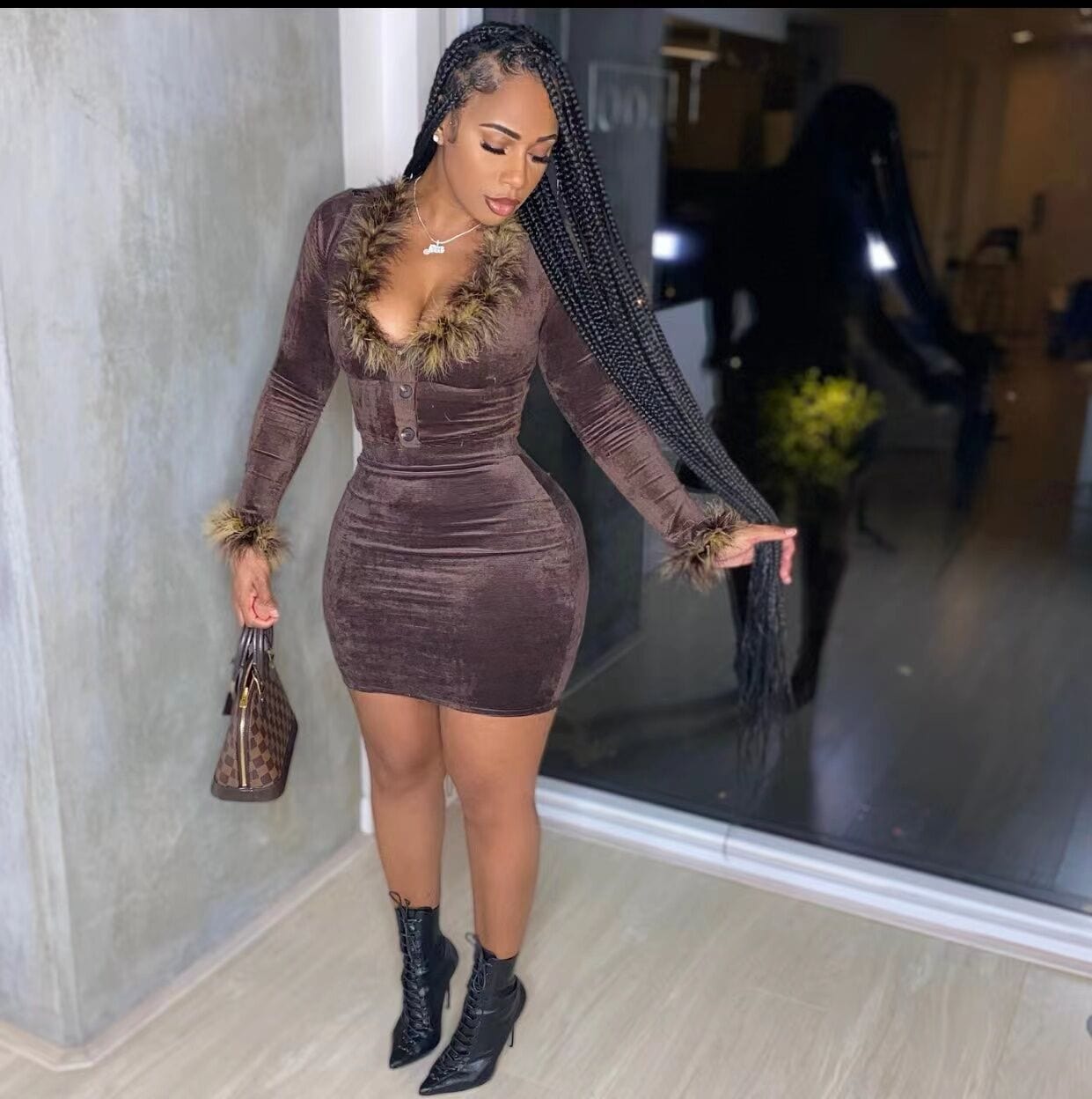 M8915 Winter Vintage Velvet Women Faux Collar Long Sleeve Tops And Bodycon Mini Skirt Suit Sexy Party Two 2 Piece Set